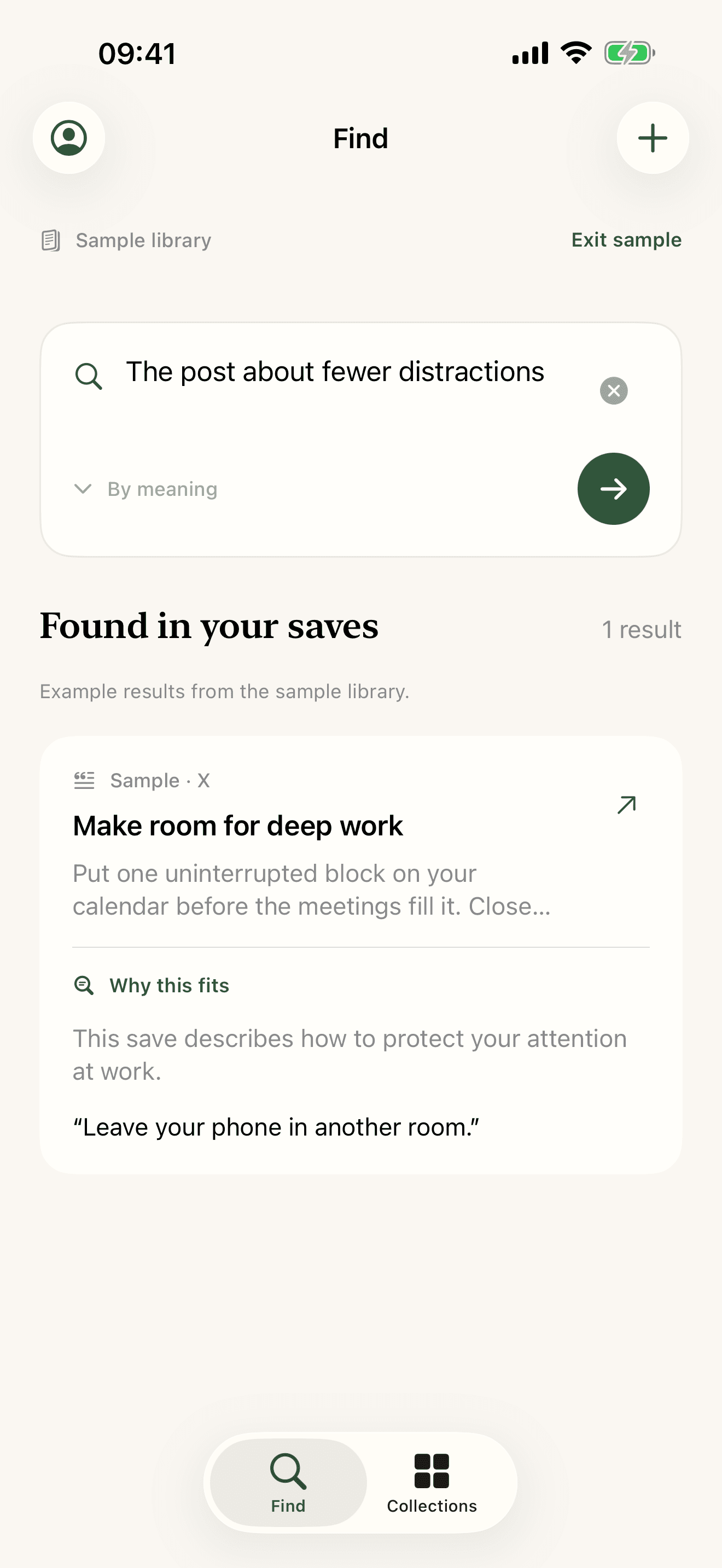Sample Library: a search for fewer distractions finds a saved post about protecting attention, with its source excerpt
